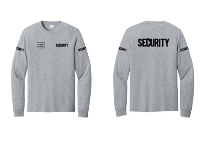 NYC Factory Men's Custom Logo Security Cotton Long Sleeve T-Shirt - SECURITY + Your Logo + Back + Security Sleeves - Athletic Heather