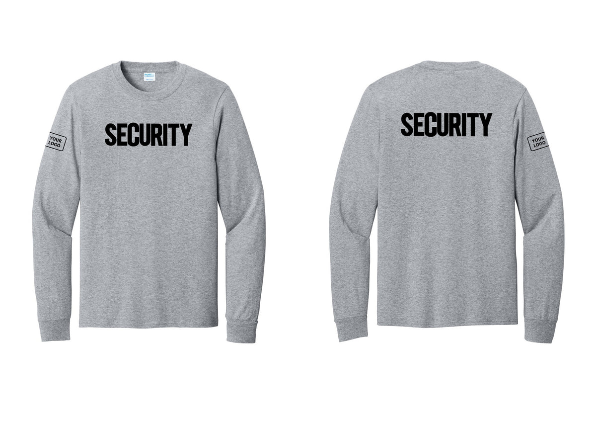 NYC Factory Men's Custom Logo Security Cotton Long Sleeve T-Shirt - Front + Back + Your Logo Sleeve - Athletic Heather