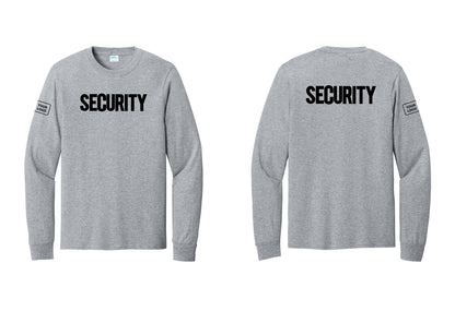 NYC Factory Men's Custom Logo Security Cotton Long Sleeve T-Shirt - Front + Back + Your Logo Sleeve - Athletic Heather