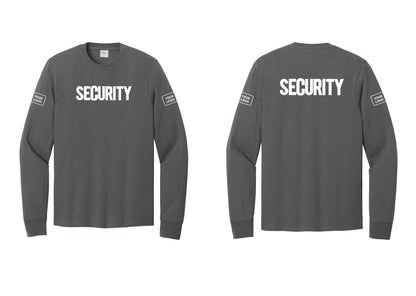 NYC Factory Men's Custom Logo Security Cotton Long Sleeve T-Shirt - Front + Back + Your Logo Sleeves - Charcoal