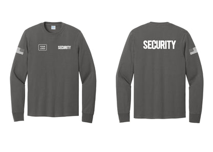 NYC Factory Men's Custom Logo Security Cotton Long Sleeve T-Shirt - SECURITY + Your Logo + Back + US Flag Sleeve - Charcoal