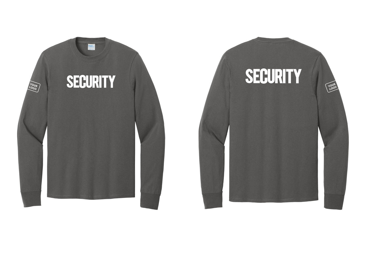 NYC Factory Men's Custom Logo Security Cotton Long Sleeve T-Shirt - Front + Back + Your Logo Sleeve - Charcoal