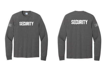 NYC Factory Men's Custom Logo Security Cotton Long Sleeve T-Shirt - Front + Back + Your Logo Sleeve - Charcoal