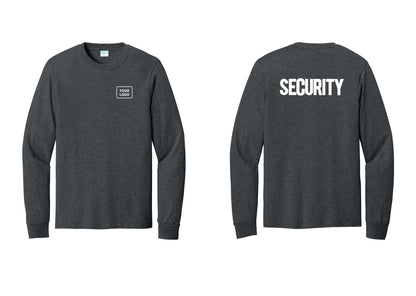 NYC Factory Men's Custom Logo Security Cotton Long Sleeve T-Shirt - Your Logo + Back - Dark Heather Grey