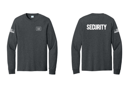 NYC Factory Men's Custom Logo Security Cotton Long Sleeve T-Shirt - Your Logo + Back + US Flag Sleeve - Dark Heather Grey