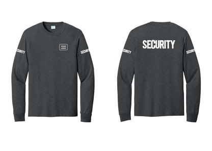 NYC Factory Men's Custom Logo Security Cotton Long Sleeve T-Shirt - Your Logo + Back + Security Sleeves - Dark Heather Grey