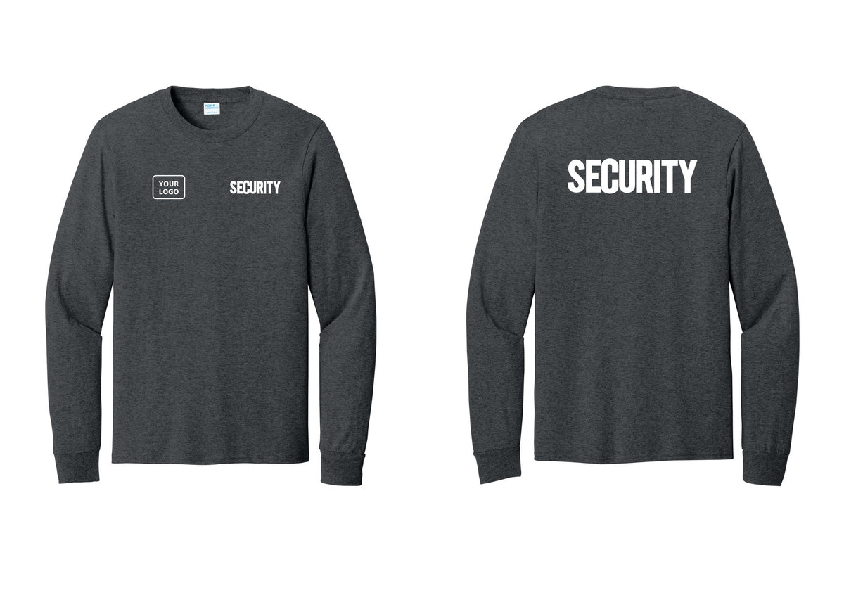 NYC Factory Men's Custom Logo Security Cotton Long Sleeve T-Shirt - SECURITY + Your Logo + Back - Dark Heather Grey