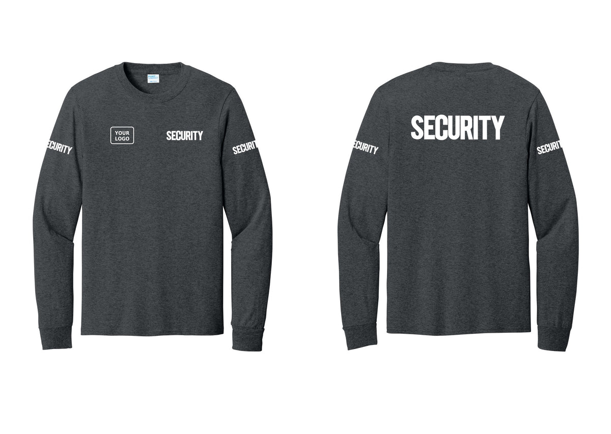 NYC Factory Men's Custom Logo Security Cotton Long Sleeve T-Shirt - SECURITY + Your Logo + Back + Security Sleeves - Dark Heather Grey