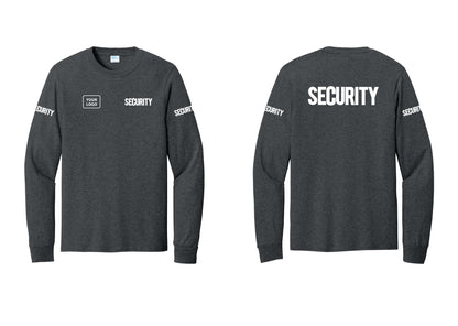 NYC Factory Men's Custom Logo Security Cotton Long Sleeve T-Shirt - SECURITY + Your Logo + Back + Security Sleeves - Dark Heather Grey