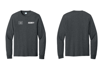 NYC Factory Men's Custom Logo Security Cotton Long Sleeve T-Shirt - SECURITY + Your Logo - Dark Heather Grey