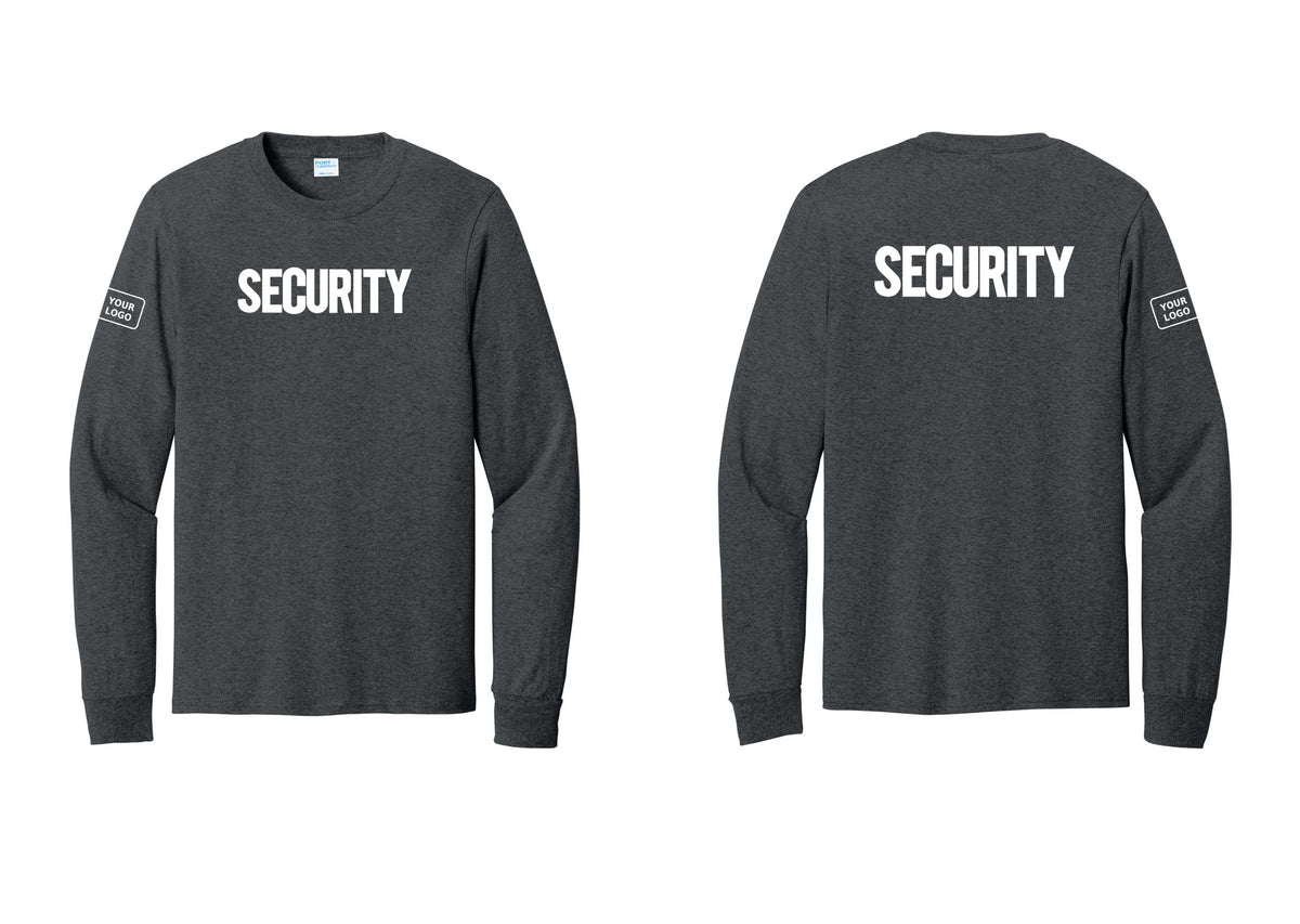 NYC Factory Men's Custom Logo Security Cotton Long Sleeve T-Shirt - Front + Back + Your Logo Sleeve - Dark Heather Grey