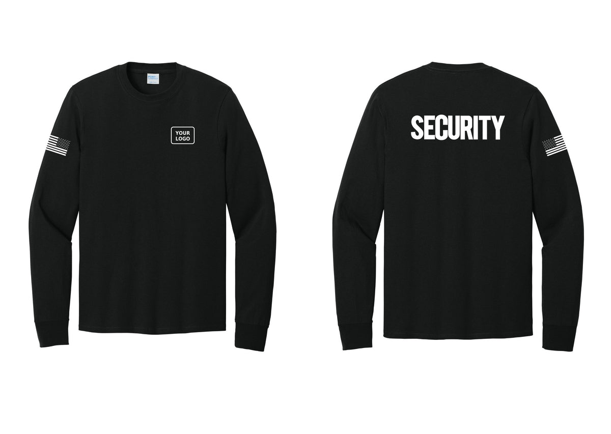 NYC Factory Men's Custom Logo Security Cotton Long Sleeve T-Shirt - Your Logo + Back + US Flag Sleeve - Black