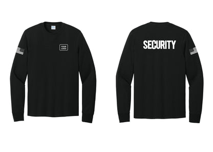 NYC Factory Men's Custom Logo Security Cotton Long Sleeve T-Shirt - Your Logo + Back + US Flag Sleeve - Black