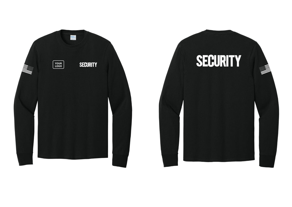 NYC Factory Men's Custom Logo Security Cotton Long Sleeve T-Shirt - SECURITY + Your Logo + Back + US Flag Sleeve - Black