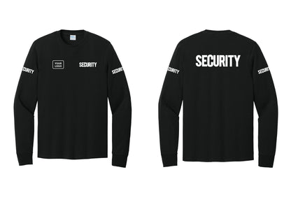 NYC Factory Men's Custom Logo Security Cotton Long Sleeve T-Shirt - SECURITY + Your Logo + Back + Security Sleeves - Black