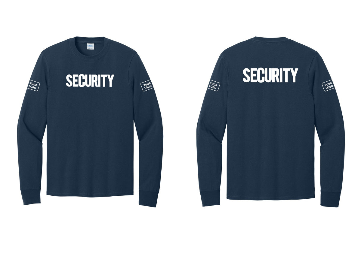 NYC Factory Men's Custom Logo Security Cotton Long Sleeve T-Shirt - Front + Back + Your Logo Sleeves - Navy