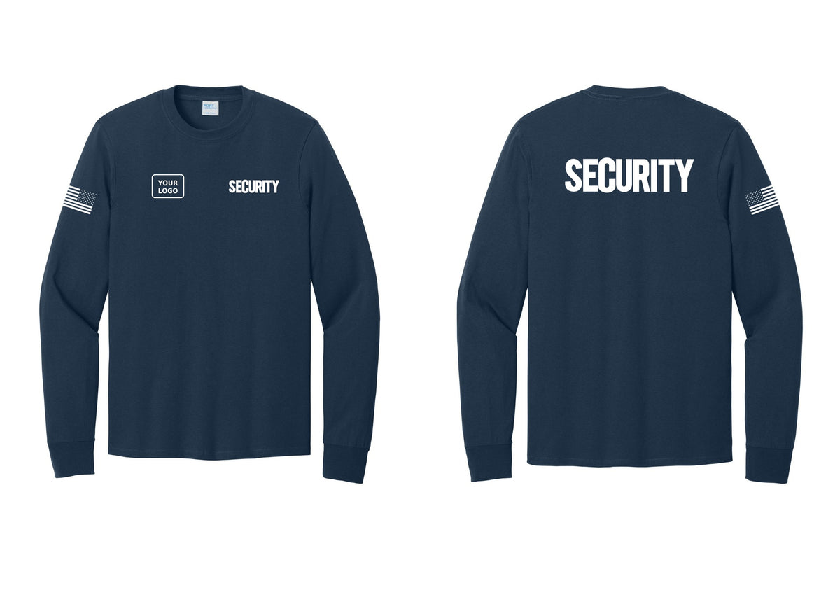 NYC Factory Men's Custom Logo Security Cotton Long Sleeve T-Shirt - SECURITY + Your Logo + Back + US Flag Sleeve - Navy