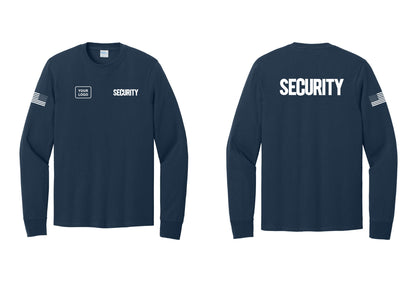 NYC Factory Men's Custom Logo Security Cotton Long Sleeve T-Shirt - SECURITY + Your Logo + Back + US Flag Sleeve - Navy