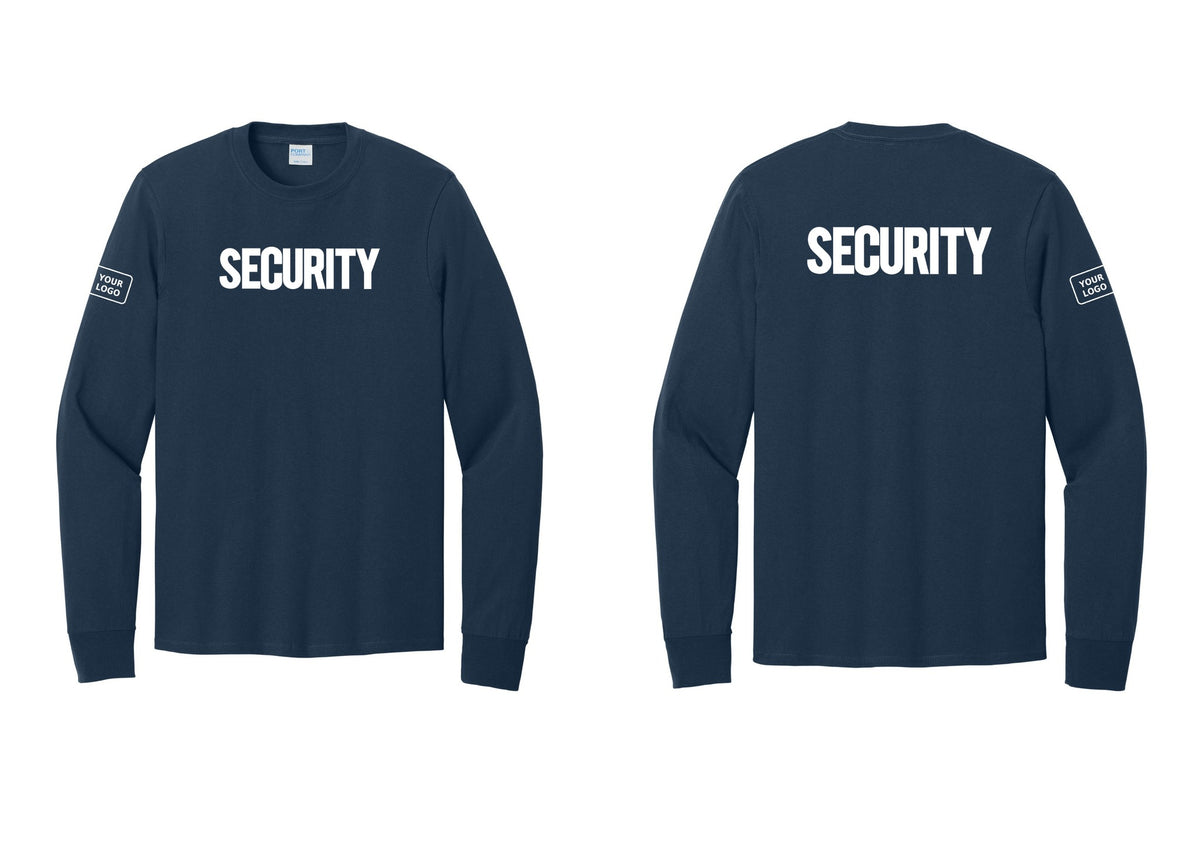 NYC Factory Men's Custom Logo Security Cotton Long Sleeve T-Shirt - Front + Back + Your Logo Sleeve - Navy