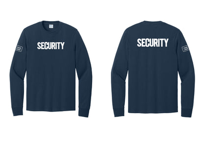 NYC Factory Men's Custom Logo Security Cotton Long Sleeve T-Shirt - Front + Back + Your Logo Sleeve - Navy