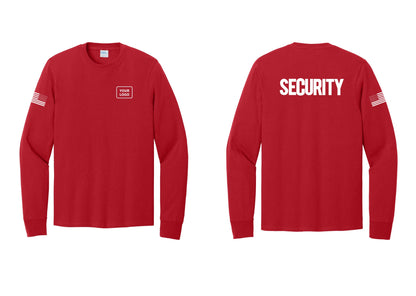 NYC Factory Men's Custom Logo Security Cotton Long Sleeve T-Shirt - Your Logo + Back + US Flag Sleeve - Red