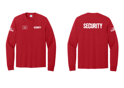 NYC Factory Men's Custom Logo Security Cotton Long Sleeve T-Shirt - SECURITY + Your Logo + Back + US Flag Sleeve - Red
