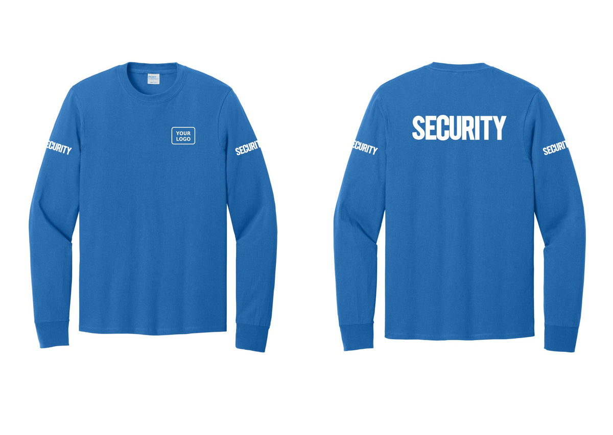 NYC Factory Men's Custom Logo Security Cotton Long Sleeve T-Shirt - Your Logo + Back + Security Sleeves - Royal