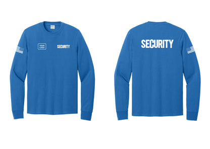 NYC Factory Men's Custom Logo Security Cotton Long Sleeve T-Shirt - SECURITY + Your Logo + Back + US Flag Sleeve - Royal