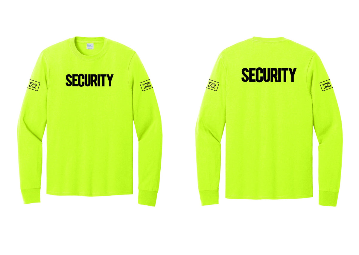 NYC Factory Men's Custom Logo Security Cotton Long Sleeve T-Shirt - Front + Back + Your Logo Sleeves - Safety Green