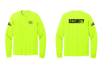 NYC Factory Men's Custom Logo Security Cotton Long Sleeve T-Shirt - Your Logo + Back + US Flag Sleeve - Safety Green