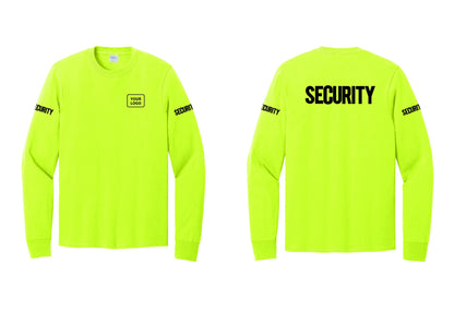 NYC Factory Men's Custom Logo Security Cotton Long Sleeve T-Shirt - Your Logo + Back + Security Sleeves - Safety Green