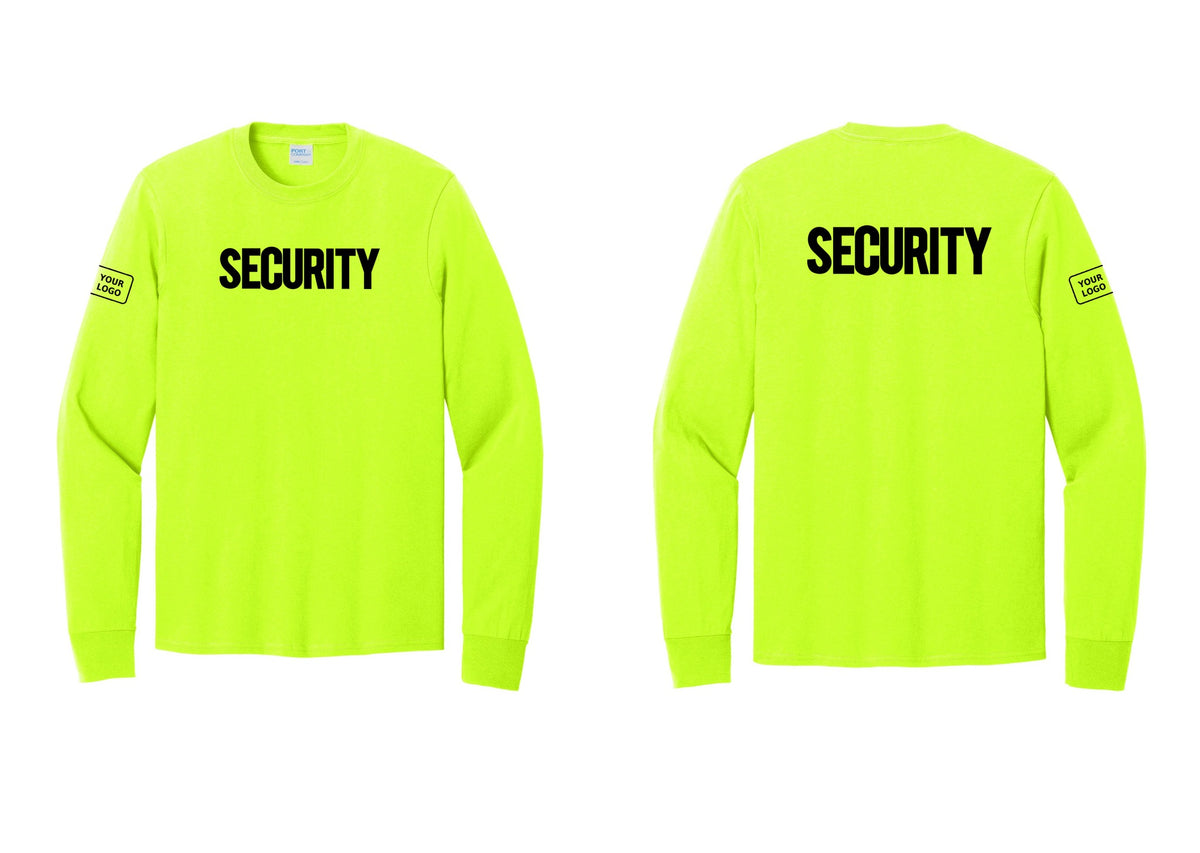 NYC Factory Men's Custom Logo Security Cotton Long Sleeve T-Shirt - Front + Back + Your Logo Sleeve - Safety Green