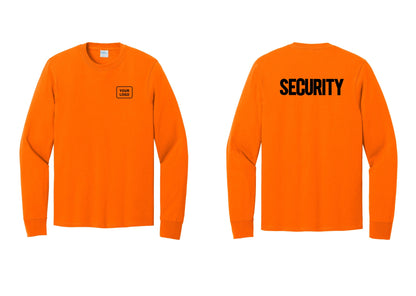 NYC Factory Men's Custom Logo Security Cotton Long Sleeve T-Shirt - Your Logo + Back - Safety Orange