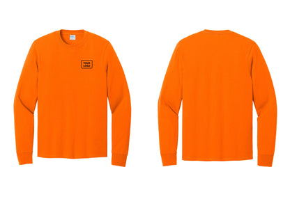 NYC Factory Men's Custom Logo Security Cotton Long Sleeve T-Shirt - Your Logo Only - Safety Orange