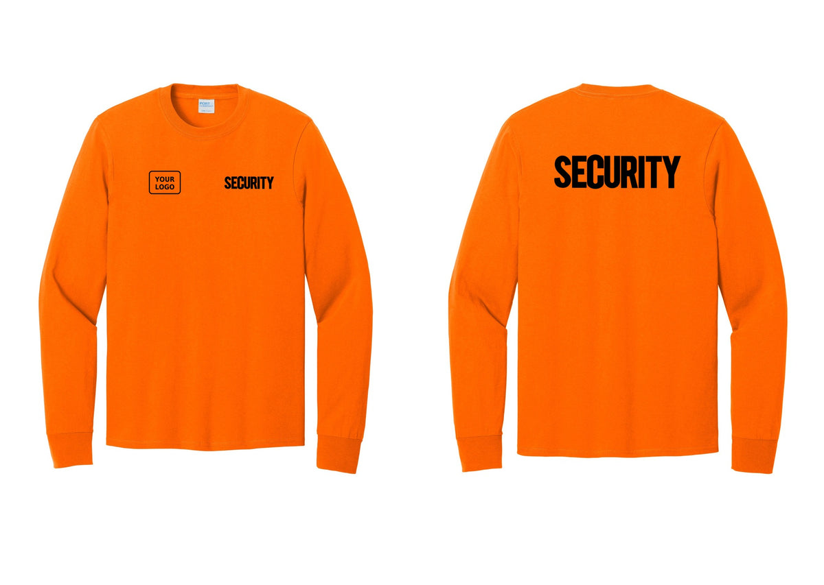 NYC Factory Men's Custom Logo Security Cotton Long Sleeve T-Shirt - SECURITY + Your Logo + Back - Safety Orange