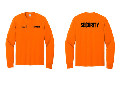 NYC Factory Men's Custom Logo Security Cotton Long Sleeve T-Shirt - SECURITY + Your Logo + Back - Safety Orange