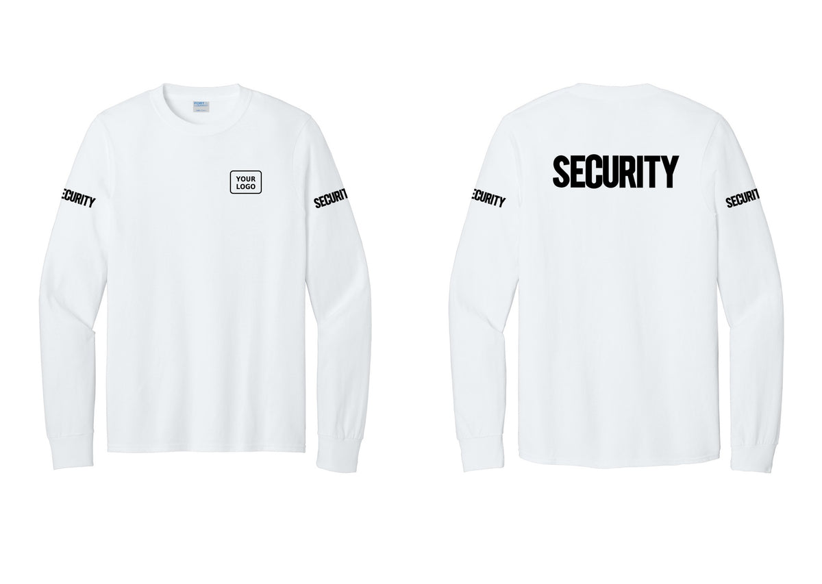 NYC Factory Men's Custom Logo Security Cotton Long Sleeve T-Shirt - Your Logo + Back + Security Sleeves - White