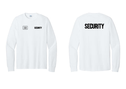 NYC Factory Men's Custom Logo Security Cotton Long Sleeve T-Shirt - SECURITY + Your Logo + Back - White