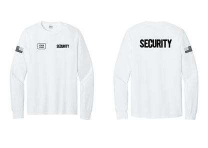 NYC Factory Men's Custom Logo Security Cotton Long Sleeve T-Shirt - SECURITY + Your Logo + Back + US Flag Sleeve - White