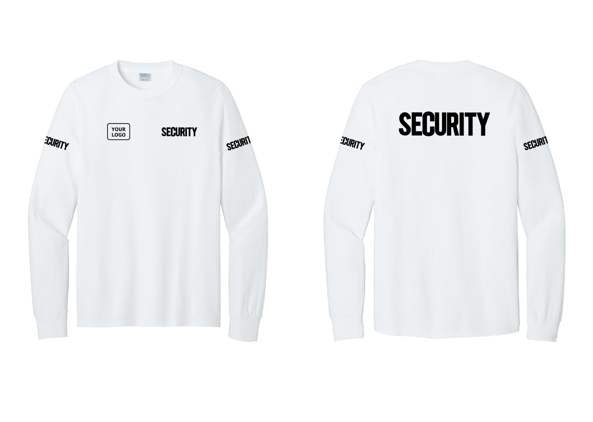 NYC Factory Men's Custom Logo Security Cotton Long Sleeve T-Shirt - SECURITY + Your Logo + Back + Security Sleeves - White