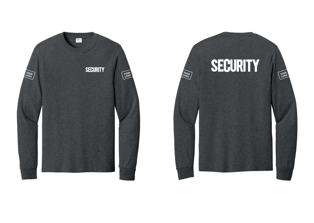 NYC Factory Men's Custom Logo Security Cotton Long Sleeve T-Shirt - Chest + Back + Your Logo Sleeves - Dark Heather Grey