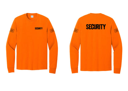 NYC Factory Men's Custom Logo Security Cotton Long Sleeve T-Shirt - Chest + Back + Your Logo Sleeves - Safety Orange