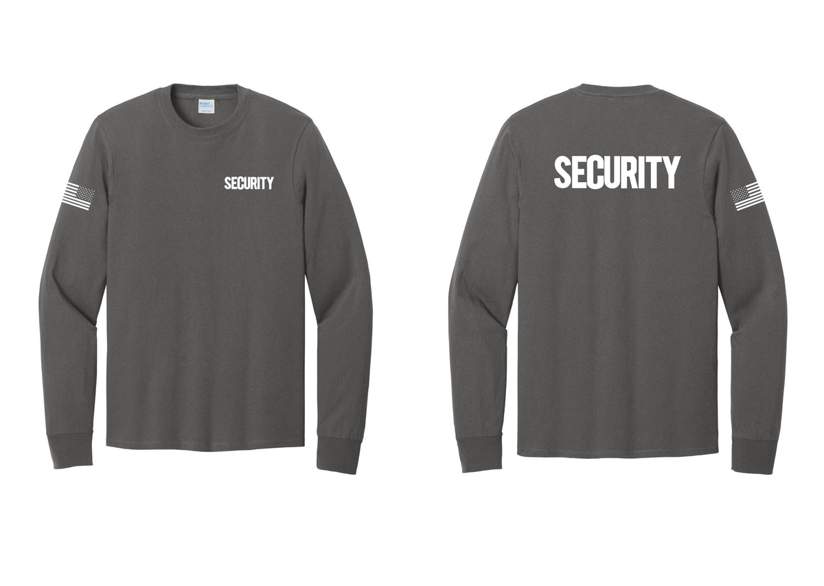 NYC Factory Men's Security Cotton Long Sleeve T-Shirt - Chest + Back + US Flag Sleeve - Charcoal