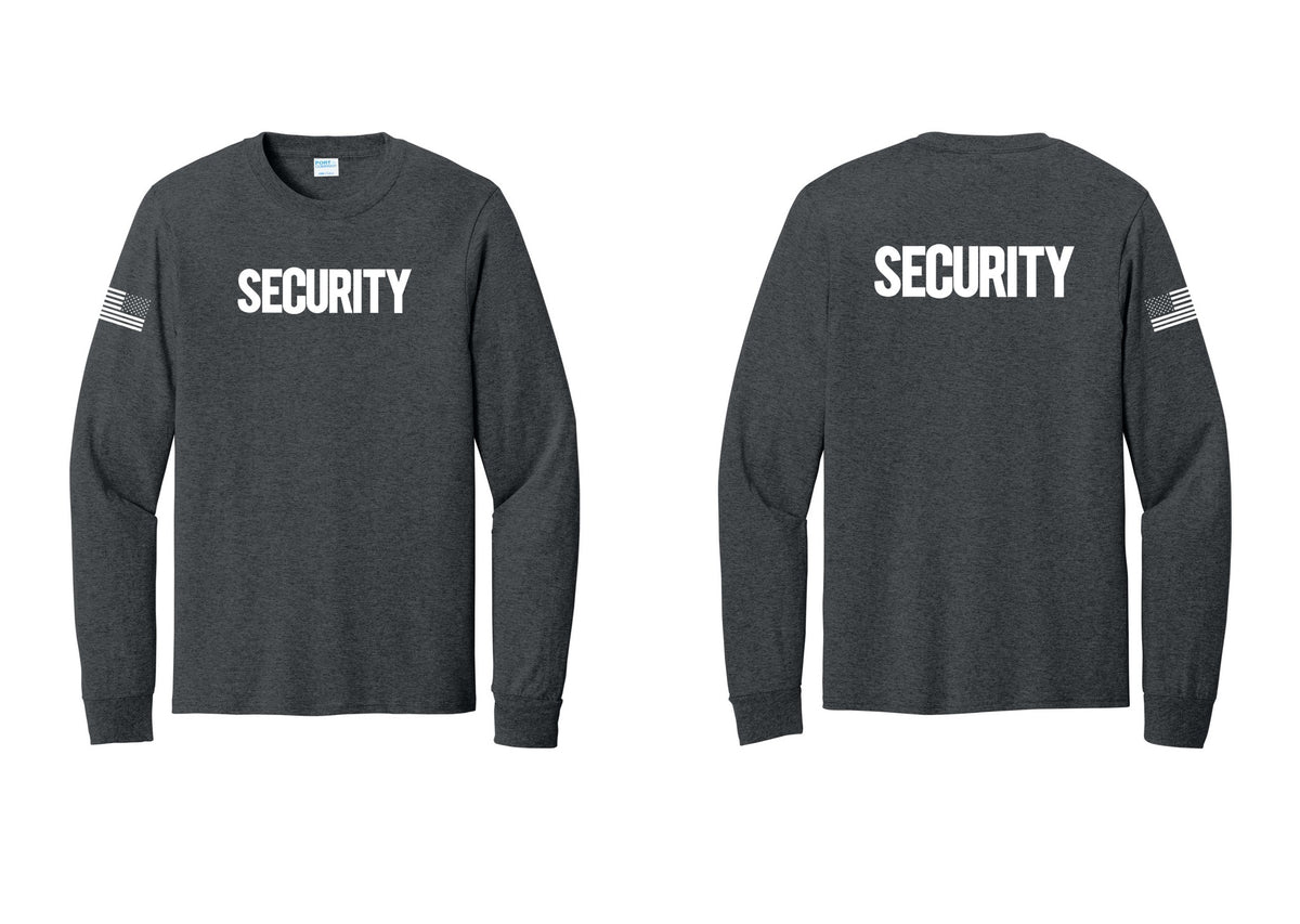 NYC Factory Men's Security Cotton Long Sleeve T-Shirt - Front + Back + US Flag Sleeve - Dark Heather Grey