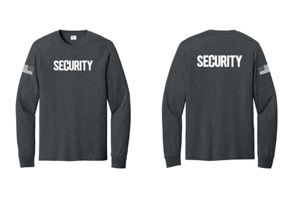 NYC Factory Men's Security Cotton Long Sleeve T-Shirt - Front + Back + US Flag Sleeve - Dark Heather Grey