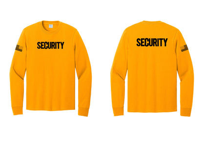 NYC Factory Men's Security Cotton Long Sleeve T-Shirt - Front + Back + US Flag Sleeve - Gold