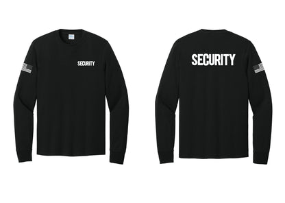 NYC Factory Men's Security Cotton Long Sleeve T-Shirt - Chest + Back + US Flag Sleeve - Black