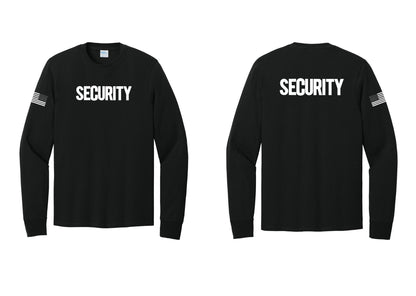 NYC Factory Men's Security Cotton Long Sleeve T-Shirt - Front + Back + US Flag Sleeve - Black