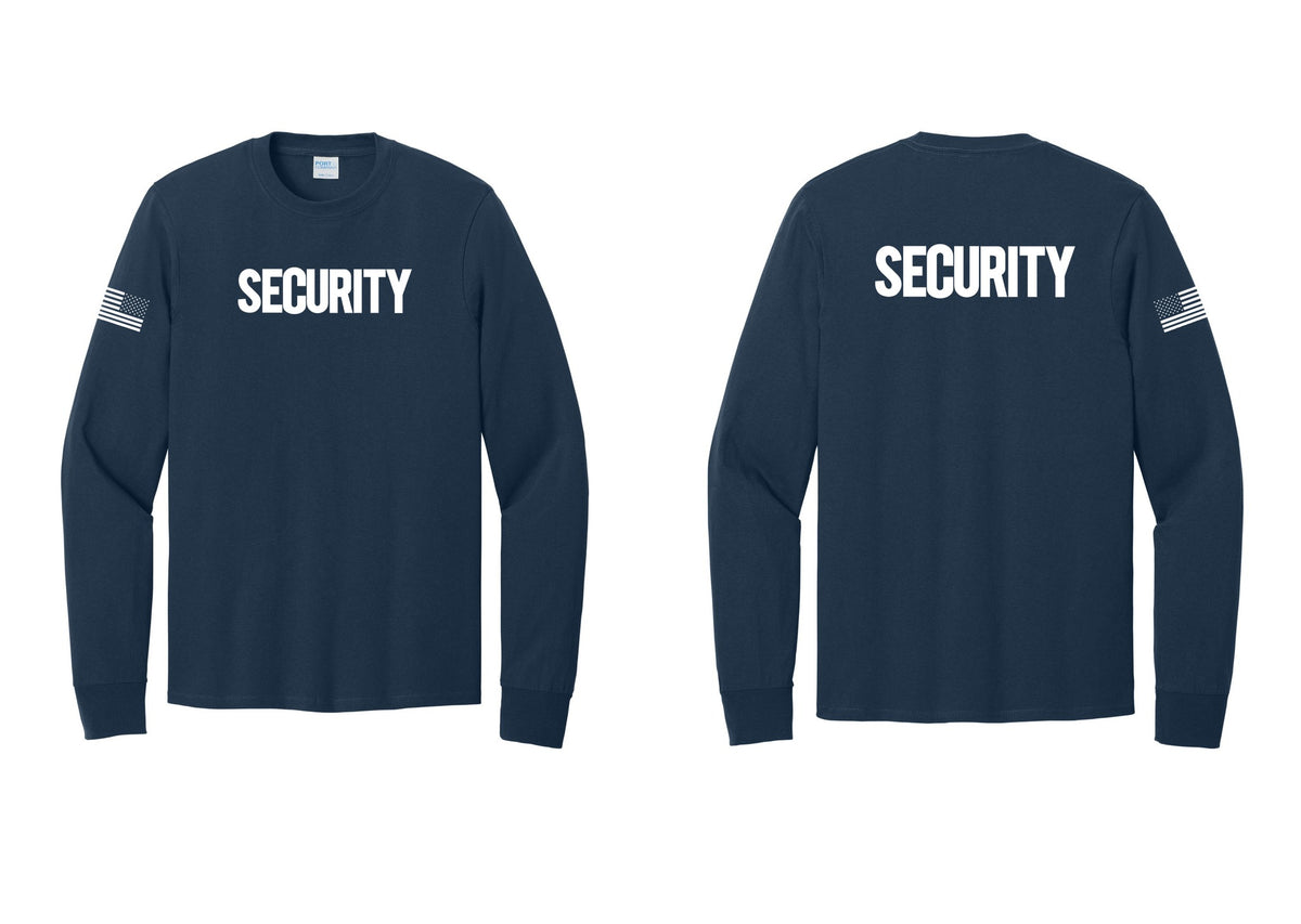 NYC Factory Men's Security Cotton Long Sleeve T-Shirt - Front + Back + US Flag Sleeve - Navy
