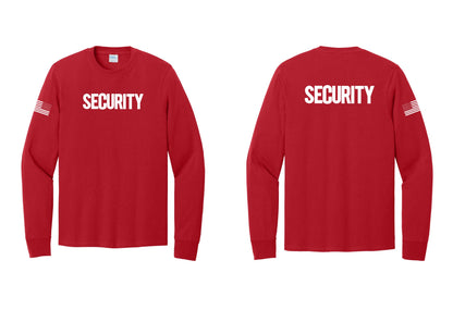NYC Factory Men's Security Cotton Long Sleeve T-Shirt - Front + Back + US Flag Sleeve - Red